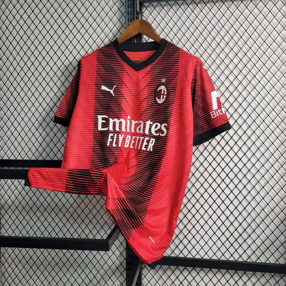 AC Milan 23/24 Home Jersey - Close-up of AC Milan crest and jersey details