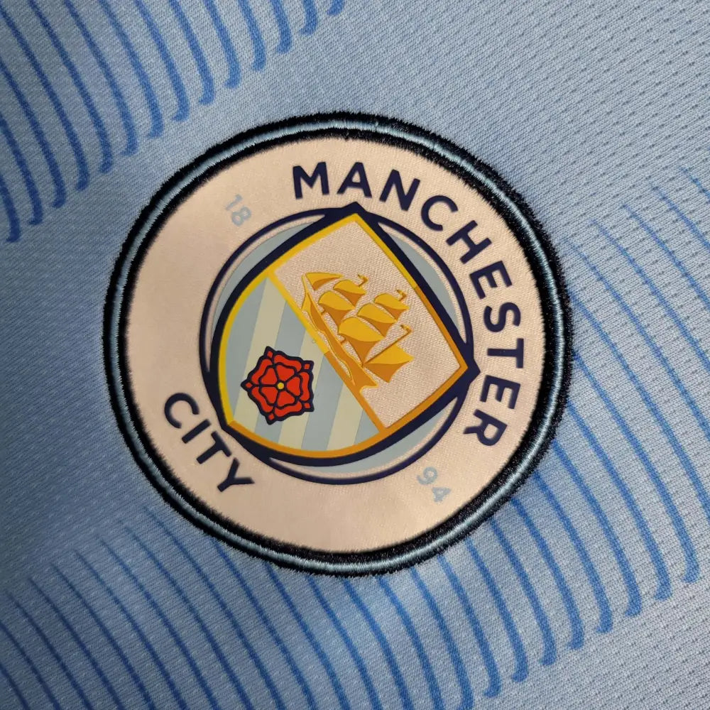 Manchester City 23/24 Home Long Sleeve Jersey - Authentic Citizens Kit | Premier League Champions - Detailed view of fabric quality and stitching