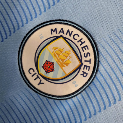 Manchester City 23/24 Home Long Sleeve Jersey - Authentic Citizens Kit | Premier League Champions - Detailed view of fabric quality and stitching
