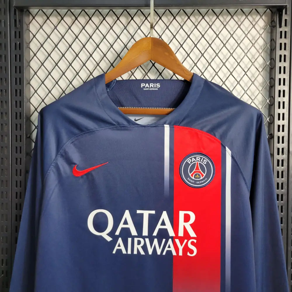 PSG 23/24 Home Long Sleeve Jersey - Ronaldinho Era Design | Paris Saint-Germain Kit - Close-up of PSG crest and jersey details